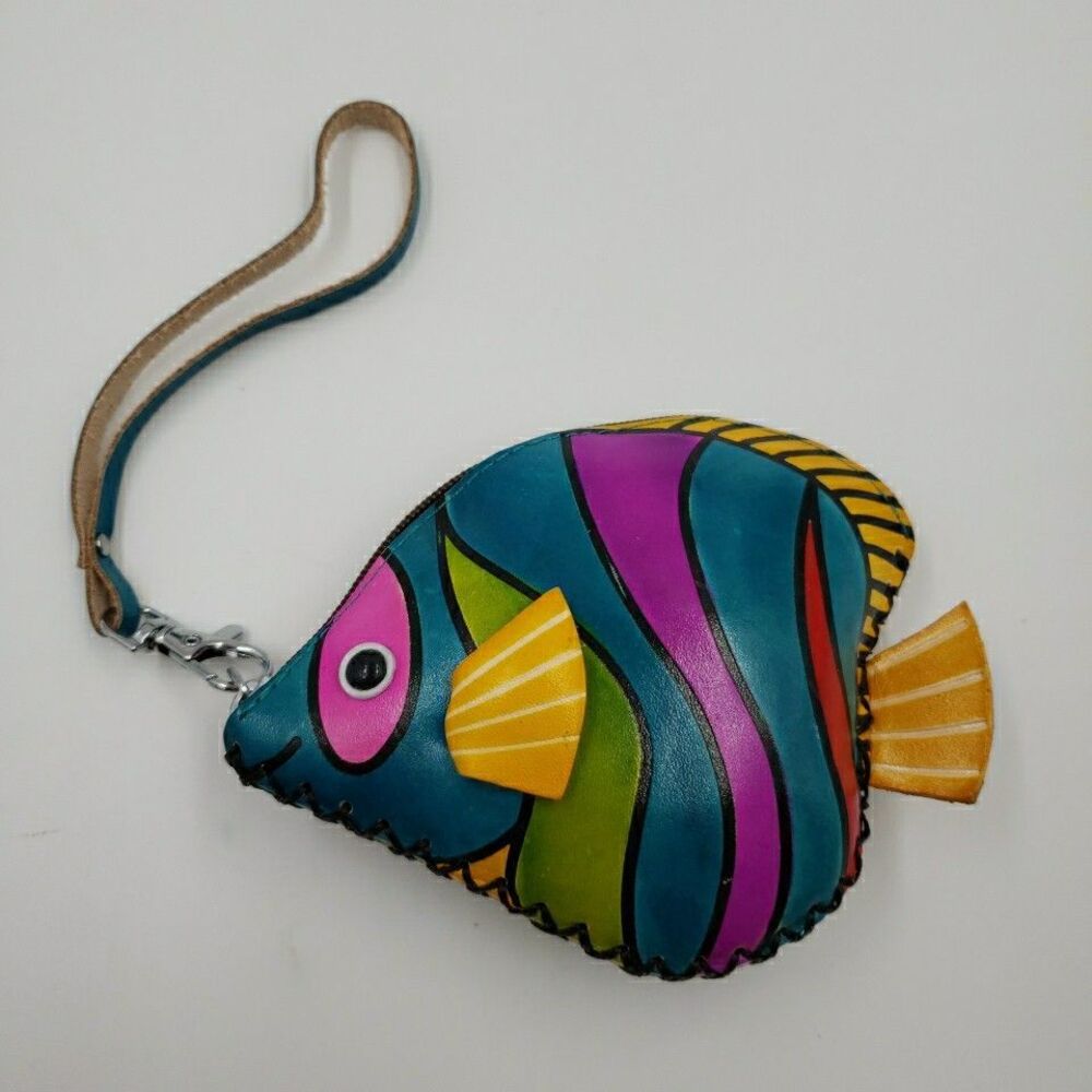 Tropical Fish Wristlet Coin Purse Handmade Leather Zipper Pouch Cruise Accessory - Picture 12 of 15